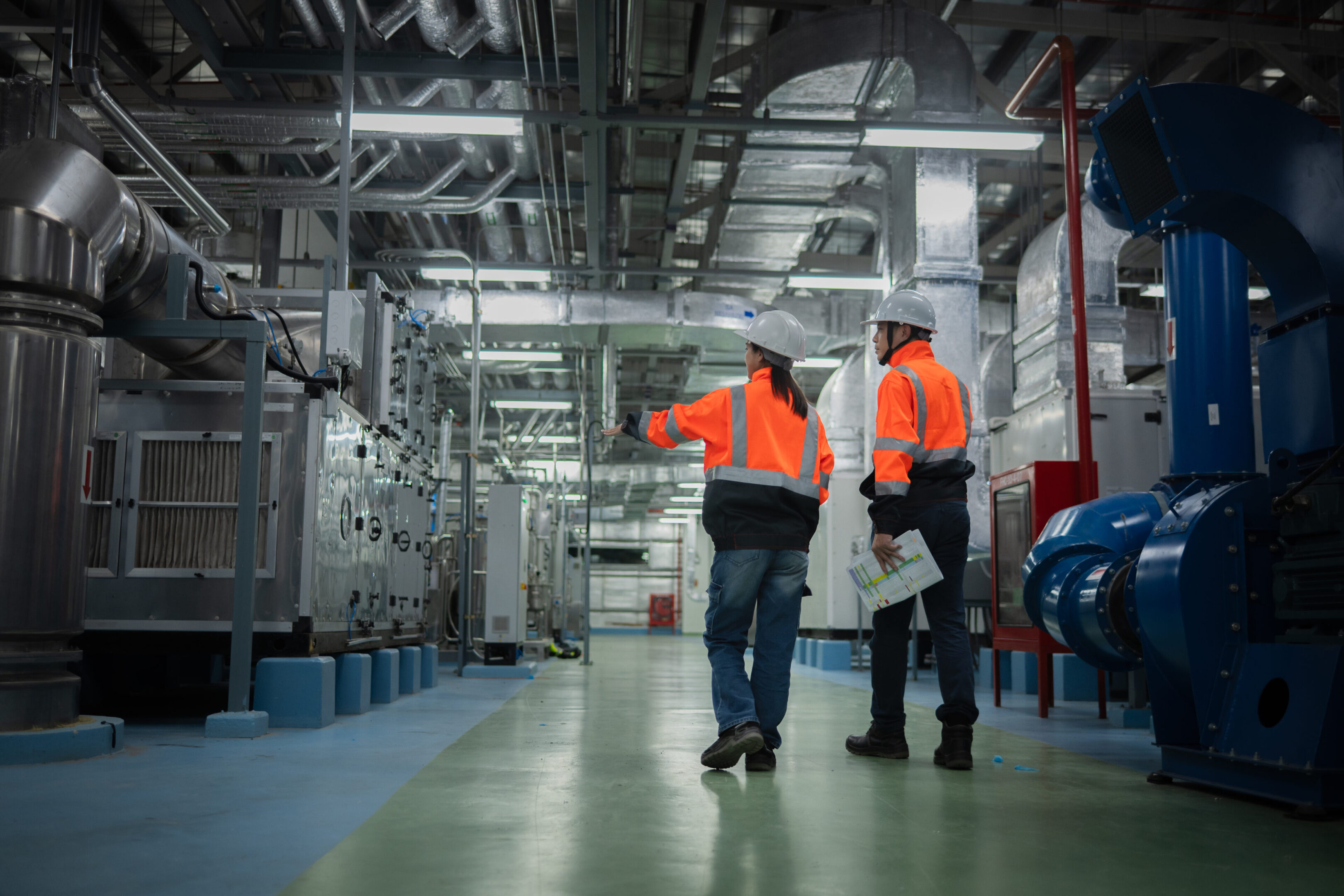 Engineer or technician inspection maintenance industrial facility system of operations HVAC (Heating, Ventilation, and Air Conditioning), chemical processing, or clean energy automated industrial settings.