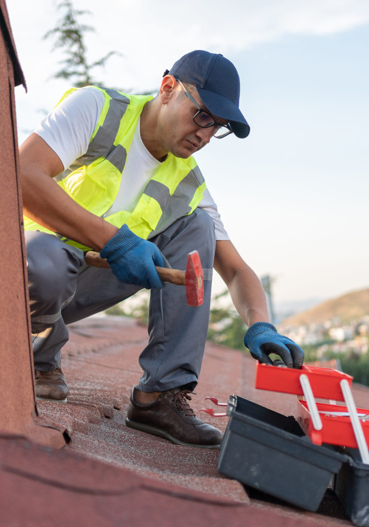 Contractor Worker Repairing Chimney On The Roof Of House