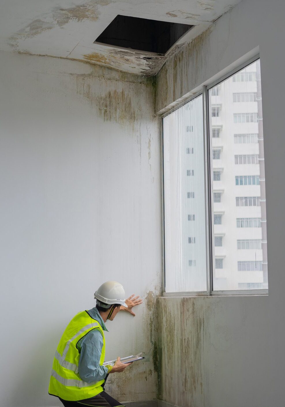 Asian Chinese female inspector hand touching the water leaking defect wall